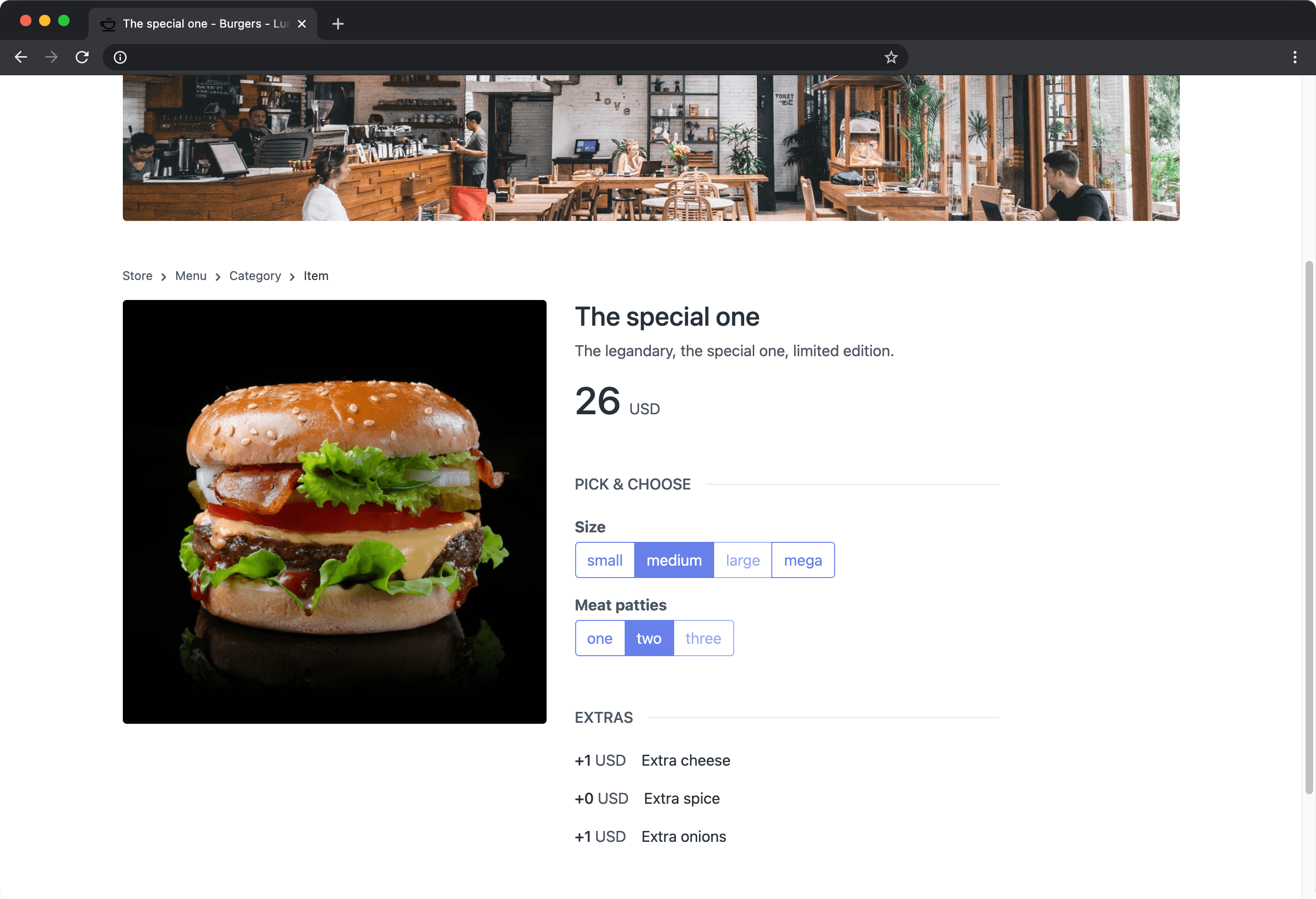 Captura de tela de uma visualização de item de menu de loja